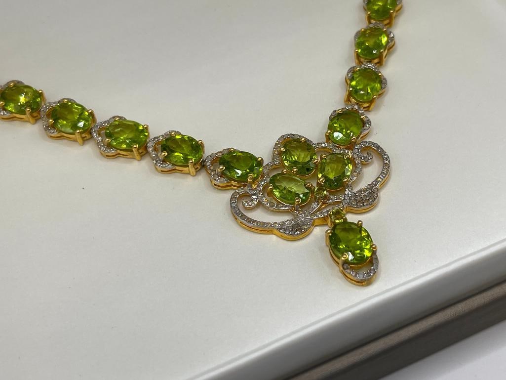 ELEGANT STERLING SILVER YELLOW GOLD OVERLAY PERIDOT AND DIAMOND NECKLACE - 3