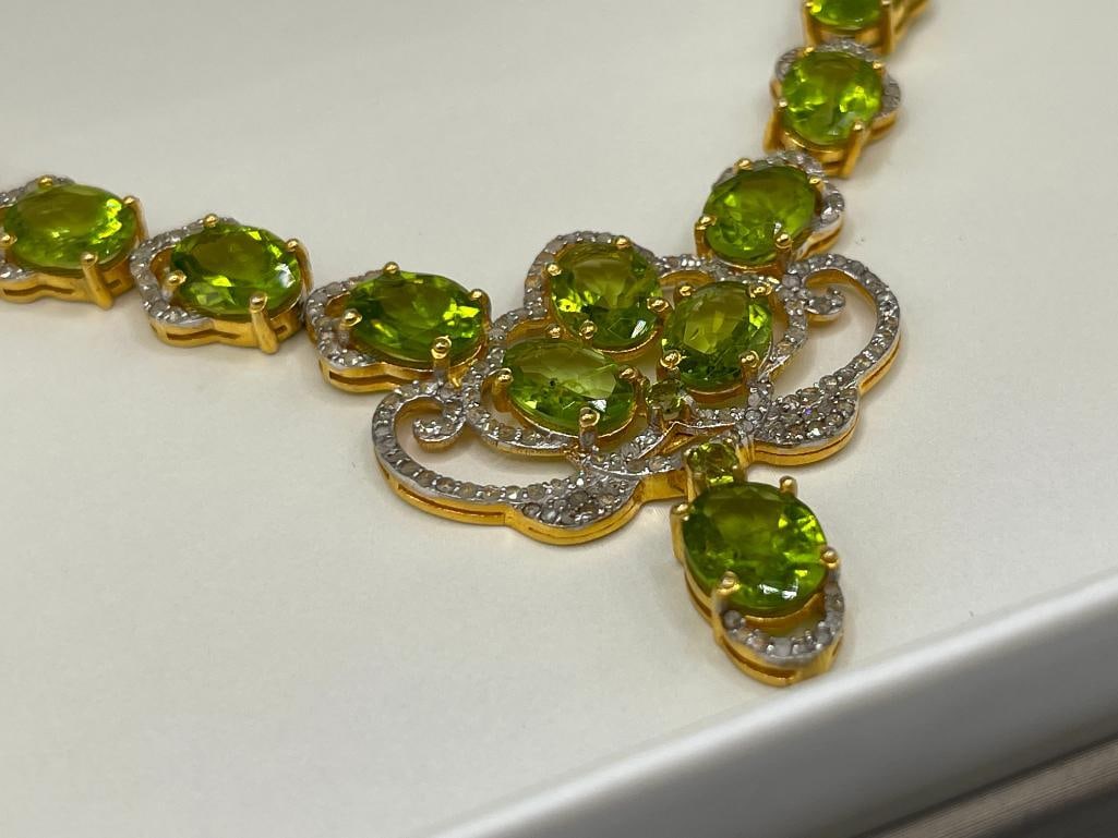 ELEGANT STERLING SILVER YELLOW GOLD OVERLAY PERIDOT AND DIAMOND NECKLACE - 4