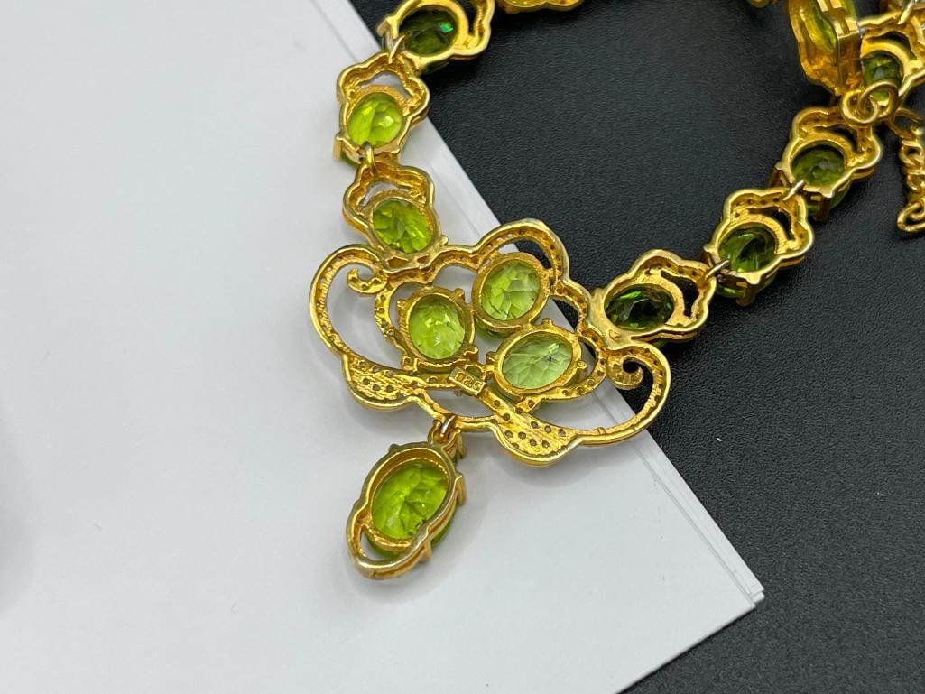 ELEGANT STERLING SILVER YELLOW GOLD OVERLAY PERIDOT AND DIAMOND NECKLACE - 8