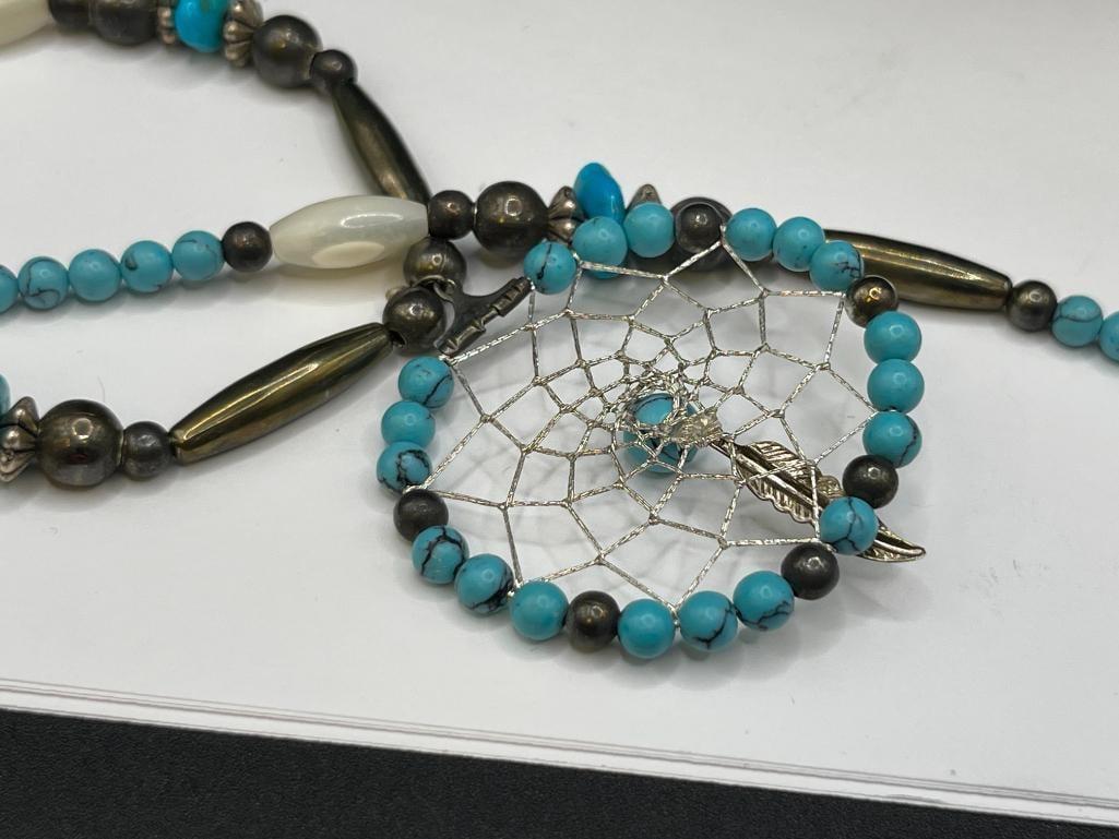 VINTAGE SILVER PLATED AND SIMULATED TURQUOISE FEATHER DREAMCATCHER PENDANT NECKLACE - 6