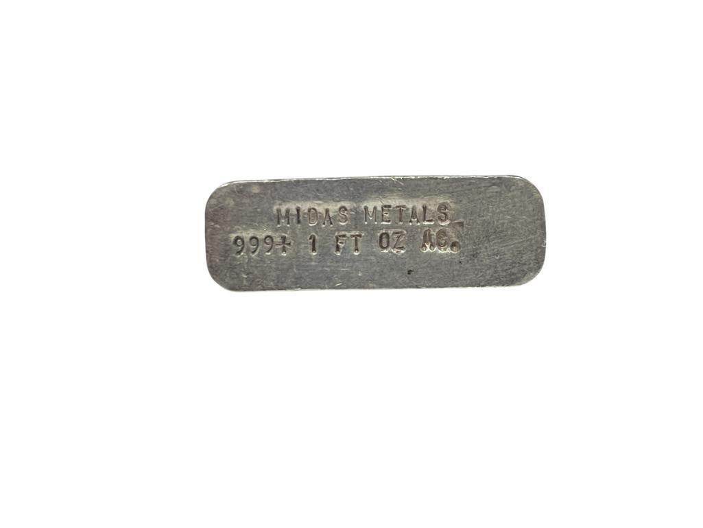MIDAS METAL ELKO COUNTY, NEVADA HAND POURED .999 FINE SILVER BAR: 1 TROY OUNCE, 1 1/2" 