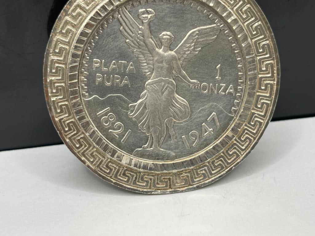 1947 MEXICO COMMEMORATIVE .999 FINE SILVER MEDALLION ENCASED IN STERLING SILVER PENDANT - 3