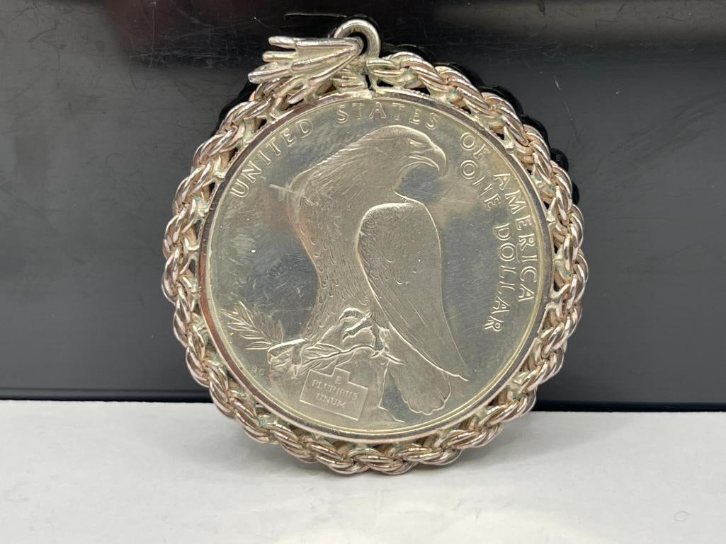 1984 U.S. OLYMPIC LIBERTY SILVER DOLLAR ENCASED IN STERLING SILVER PENDANT - 2