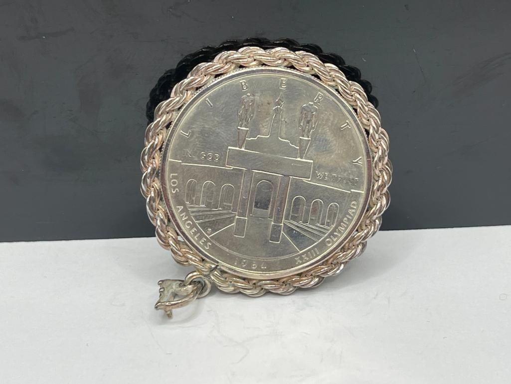 1984 U.S. OLYMPIC LIBERTY SILVER DOLLAR ENCASED IN STERLING SILVER PENDANT - 4
