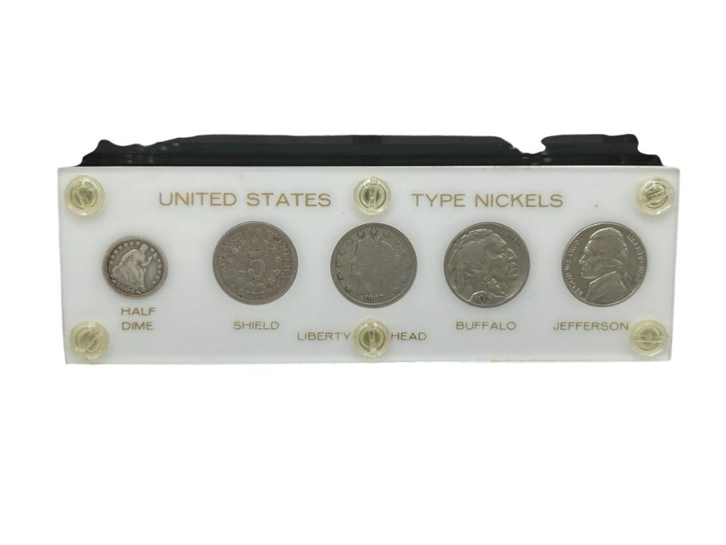 U.S. TYPE NICKELS SET INCLUDING 1854 HALF DIME, 1867 SHIELD NICKEL, 1912 LIBERTY "V" NICKEL, ETC.: ALSO INCLUDES 1936 BUFFALO NICKEL AND 1962 JEFFERSON NICKEL, HALF DIME IS 90% SILVER, IN HARD PLASTIC DISPLAY CASE 
