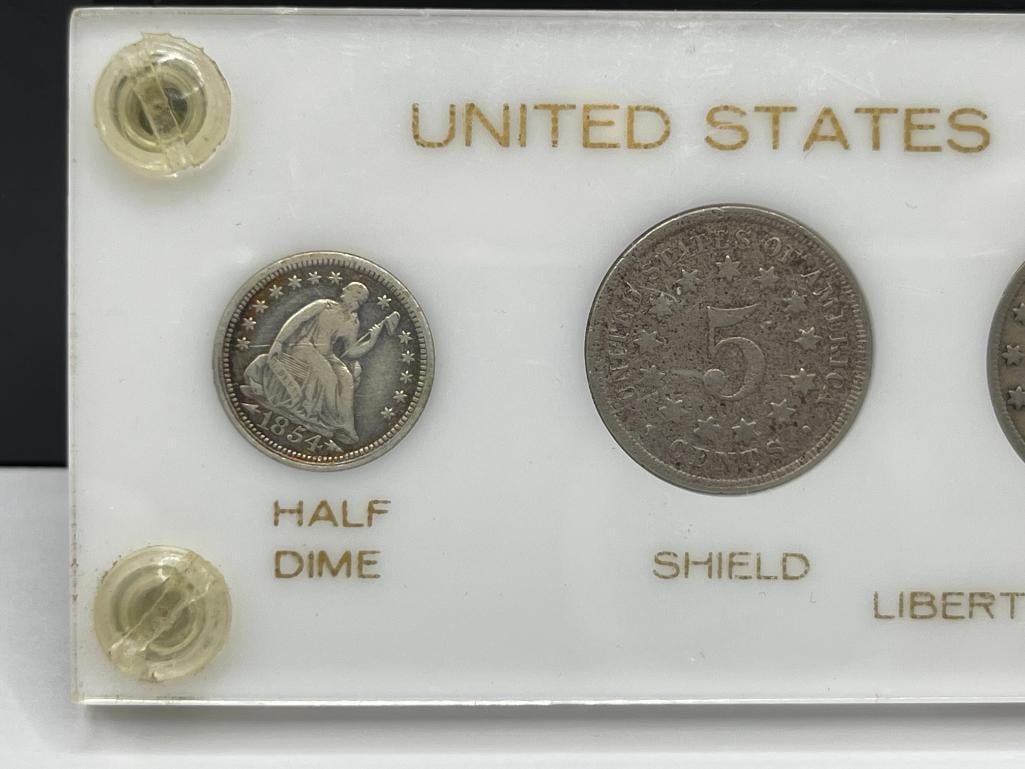 U.S. TYPE NICKELS SET INCLUDING 1854 HALF DIME, 1867 SHIELD NICKEL, 1912 LIBERTY "V" NICKEL, ETC. - 2