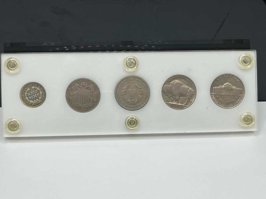 U.S. TYPE NICKELS SET INCLUDING 1854 HALF DIME, 1867 SHIELD NICKEL, 1912 LIBERTY "V" NICKEL, ETC. - 5