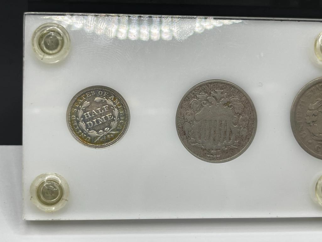U.S. TYPE NICKELS SET INCLUDING 1854 HALF DIME, 1867 SHIELD NICKEL, 1912 LIBERTY "V" NICKEL, ETC. - 6