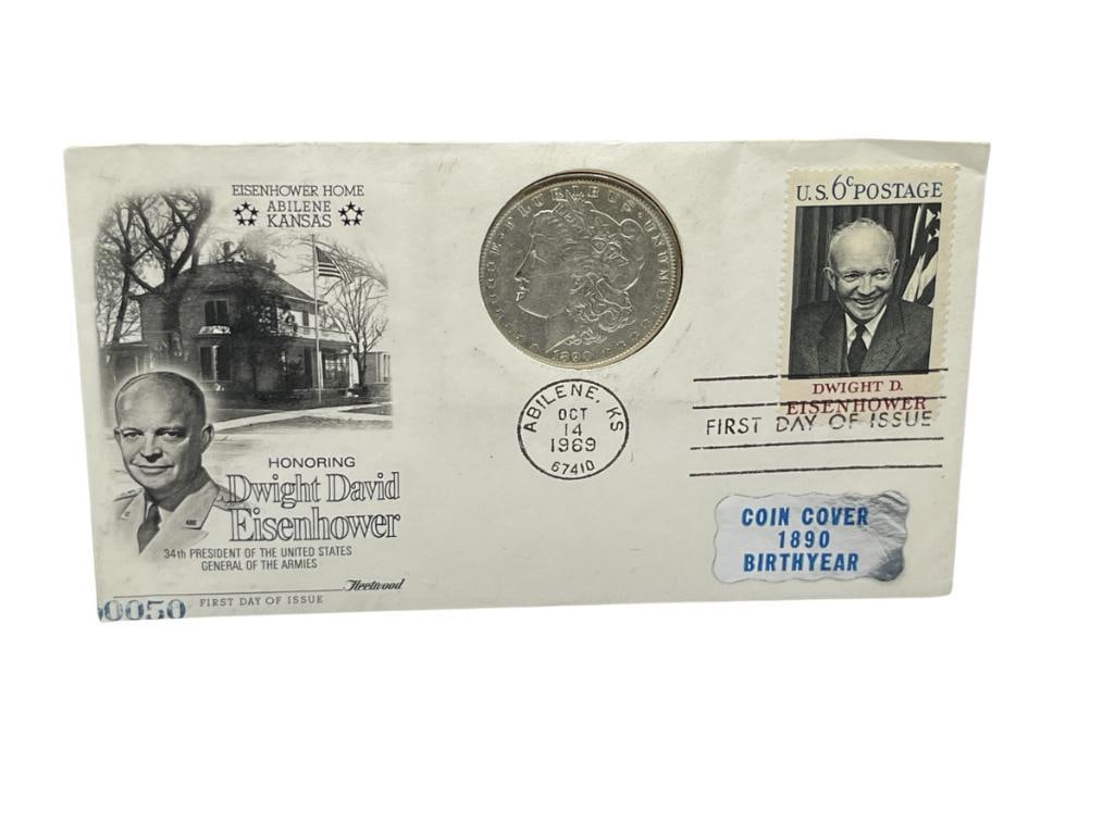 1890 U.S. MORGAN SILVER DOLLAR BIRTH YEAR COIN COVER FIRST DAY OF ISSUE STAMP AND COIN SET: ENVELOPE IS STILL SEALED, 1969 FIRST DAY COVER, 90% SILVER 