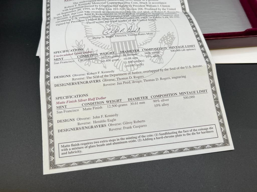 1998 U.S. MINT ROBERT F. KENNEDY MEMORIAL COMMEMORATIVE SILVER DOLLAR AND KENNEDY SILVER HALF DOL... - 8