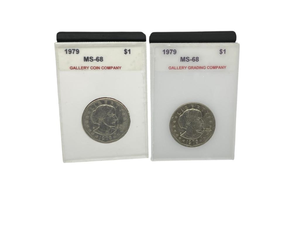 TWO 1979 SUSAN B. ANTHONY DOLLARS GALLERY GRADED MS-68: NOT AN OFFICIAL GRADING COMPANY