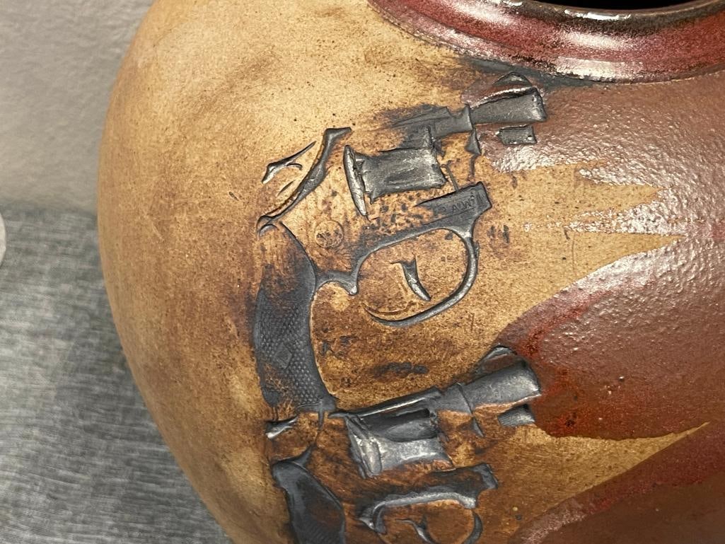 LARGE HAND CRAFTED BULBOUS EARTHENWARE VASE WITH REVOLVER MOTIF STAMPED IN BROWN GLAZE - 3