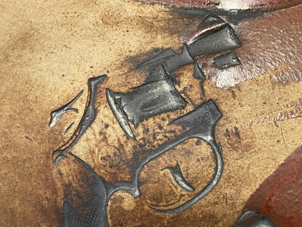 LARGE HAND CRAFTED BULBOUS EARTHENWARE VASE WITH REVOLVER MOTIF STAMPED IN BROWN GLAZE - 4