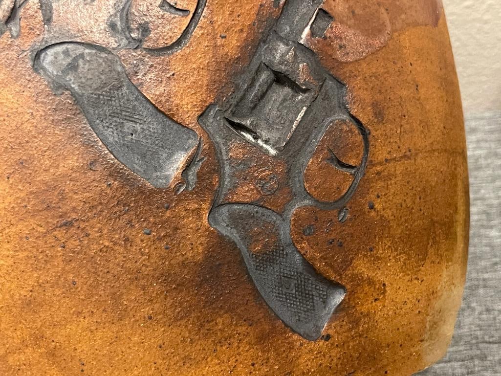 LARGE HAND CRAFTED BULBOUS EARTHENWARE VASE WITH REVOLVER MOTIF STAMPED IN BROWN GLAZE - 6