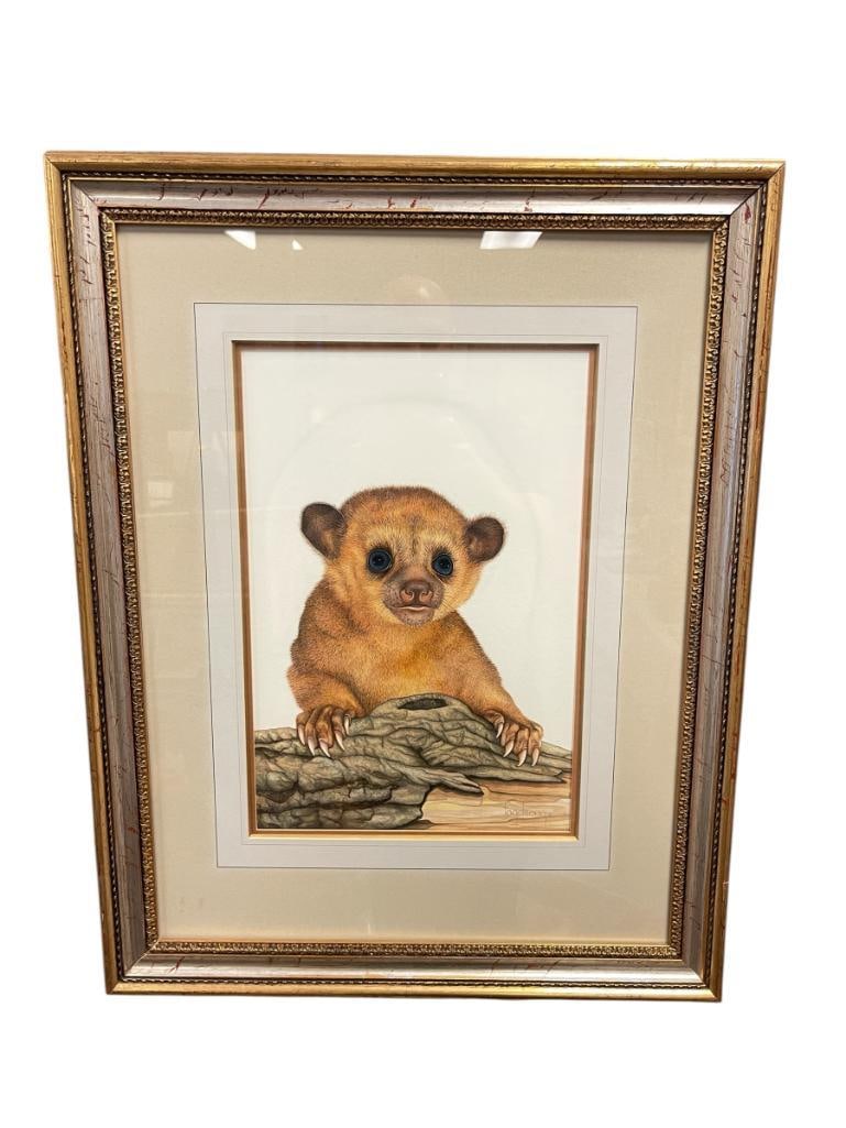 JILL FOGELSONG ORIGINAL DRY BRUSH WATERCOLOR PORTRAIT OF KINKAJOU: JILL FOGELSONG IS KNOWN WILDLIFE ARTIST,MASTER AT DRY BRUSH WATERCOLOR, ART DEPICTS A PORTRAIT OF A KINAJOU OR HONEY BEAR, SIGNED LOWER RIGHT, FRAMED 21" X 26" FRAME 