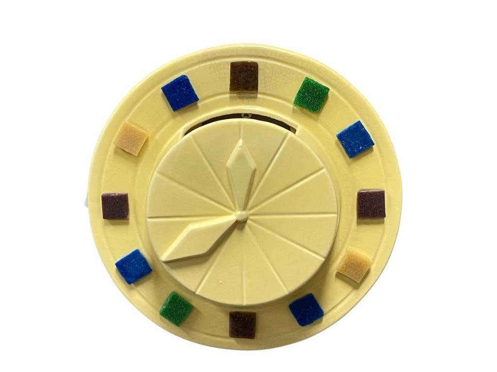 VINTAGE 1960'S - 1970'S CALIFORNIA POTTERY CLOCK WALL POCKET WITH TILE DIAL DESIGNED BY MICHAEL M.: GLASS TILE DIAL WITH FIXED HANDS, MARKED ON THE BACK, NO CHIPS OR CRACKS 9" ROUND