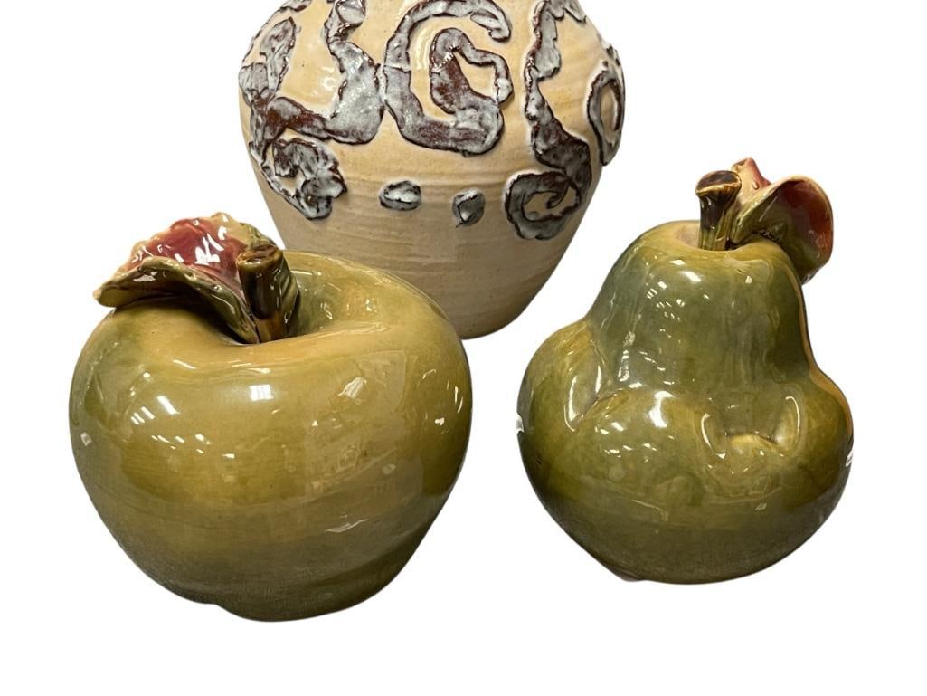 LARGE CERAMIC DECORATIVE PEAR AND APPLE DECORATIONS IN GREEN GLAZE: EACH FEATURE STEM, NO CHIPS OR CRACKS 6" AND 7" H 
