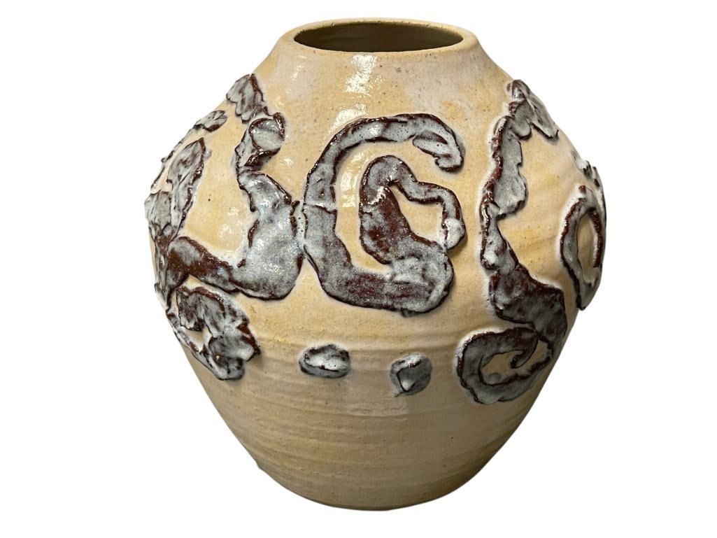 MAC POTTERY HAND SPUN POTTERY VASE IN BEIGE GLZE WITH UNIQUE APPLIED DESIGN (1 of 6)