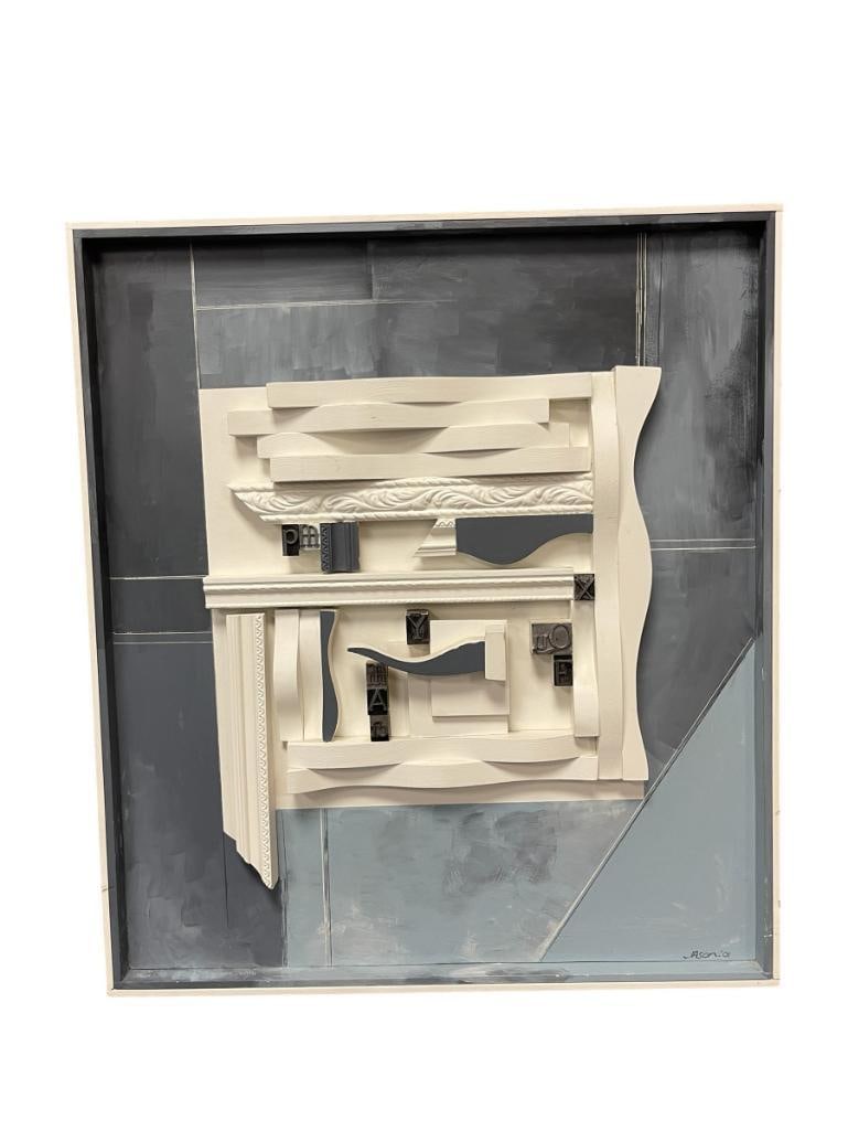 ELAINE JACKSON UNIQUE 3D WOOD AND ACRYLIC SCULPTED ART ON MASONITE: ART CRAFTED FROM FOUND OBJECTS SUCH AS ANTIQUE TRIM, WOOD SCRAPS, ACRYLIC COLORS, DATED 2001, TITLED CONSTRUCTION W/ BLUE & WHITE, FRAMED 21 1/2" X 24" FRAME