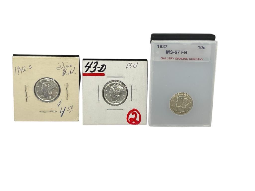 THREE UNCIRCULATED U.S. MERCURY SILVER DIMES INCLUDING 1937, 1942-S, AND 1943-D: ALL 90% SILVER 