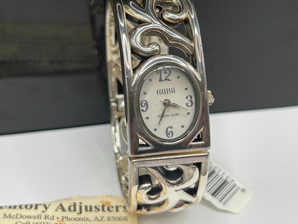 ECCLISSI STERLING SILVER WATCH BANGLE BRACELET FEATURING FILIGREE LIKE DESIGN - 3
