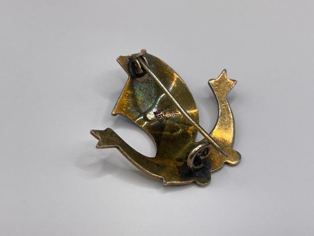 FIVE VINTAGE ENAMELED STERLING SILVER BROOCHES INCLUDING ONE MARKED NORWAY - 10