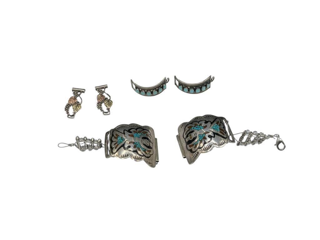 THREE PAIRS OF VINTAGE STERLING SILVER WATCH TIPS INCLUDING BLACK HILLS GOLD DESIGN: ALSO INCLUDES SIGNED THUNDERBIRD TIPS FEATURING INLAID CRUSHED TURQUOISE AND CORAL 35.39 GRAMS 
