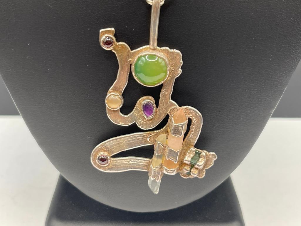STERLING SILVER MODERNIST ABSTRACT PENDANT FEATURING PRECIOUS STONES AND STERLING NECKLACE - 2