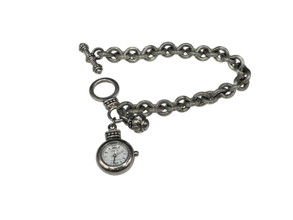 ECLISSI STERLING SILVER CHAIN LINK POCKET WATCH DANGLE BRACELET: FEATURING TOGGLE CLASP AND TEXTURED LINKS, WATCH NEEDS BATTERY 7 1/2", 54.45 GRAMS