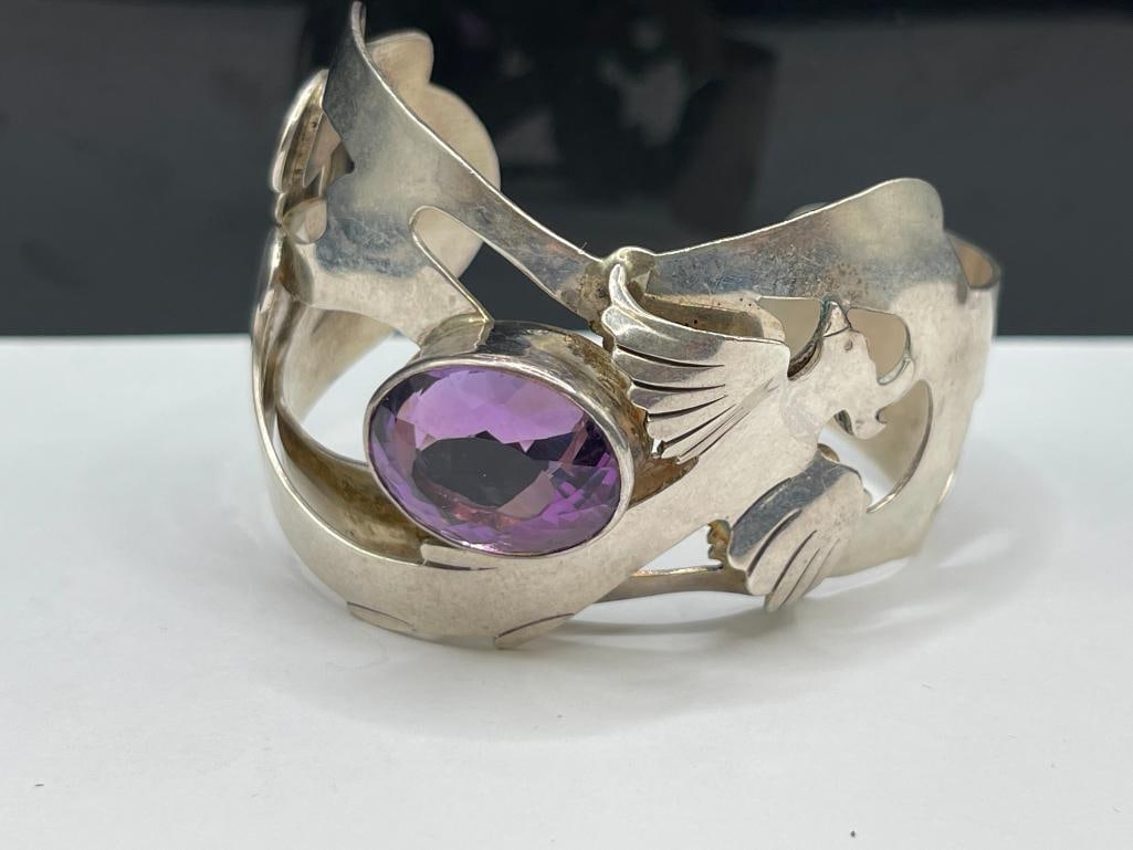 VINTAGE ARTIST SIGNED STERLING SILVER BIRD AND AMETHYST CUFF BRACELET - 2