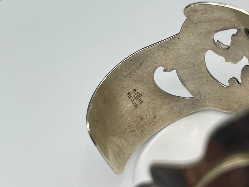 VINTAGE ARTIST SIGNED STERLING SILVER BIRD AND AMETHYST CUFF BRACELET - 6