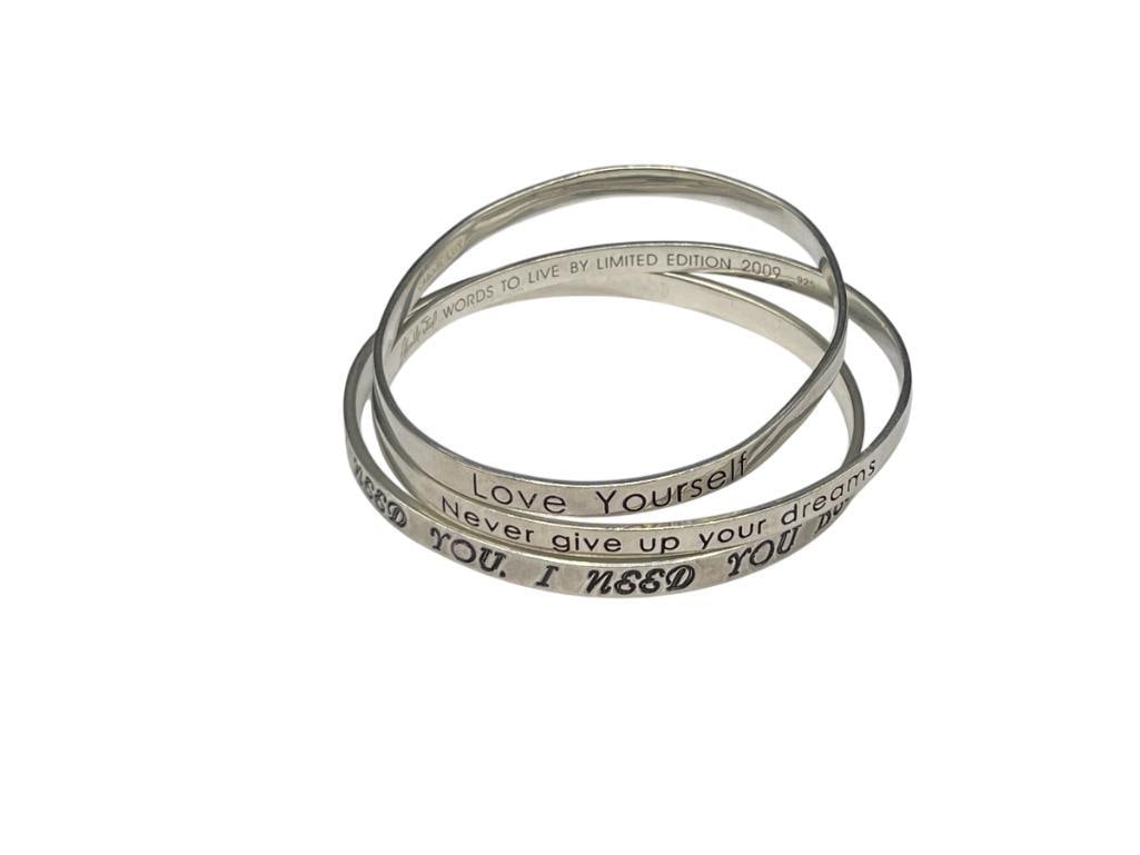 THREE DESIGNER SIGNED STERLING SILVER INPSIRATIONAL QUOTE BANGLE BRACELETS (1 of 5)