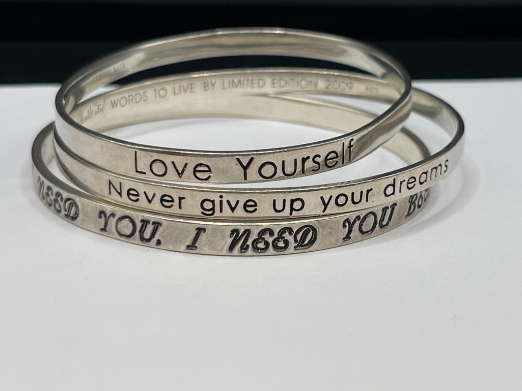 THREE DESIGNER SIGNED STERLING SILVER INPSIRATIONAL QUOTE BANGLE BRACELETS - 2