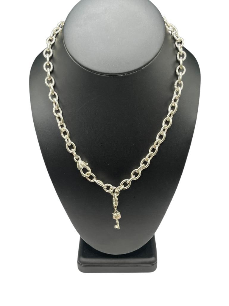 STERLING SILVER CHAIN LINK HEART LOCK AND KEY NECKLACE: FEATURING ALTERNATING TEXTURED AND SMOOTH FINISH LINKS 18" NECKLACE, 1 1/2" DROP PENDANT, 52.35 GRAMS