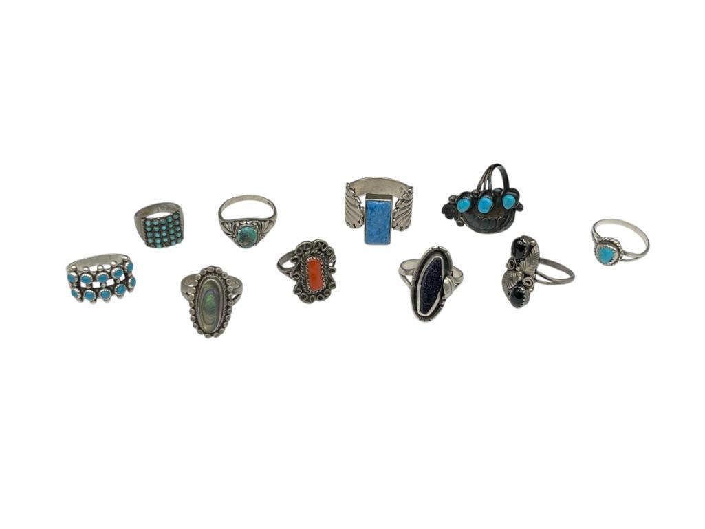 10 VINTAGE STERLING SILVER RINGS INCLUDING NAVAJO TURQUOISE DESIGNS AND MEXICO MADE PIECES (1 of 10)