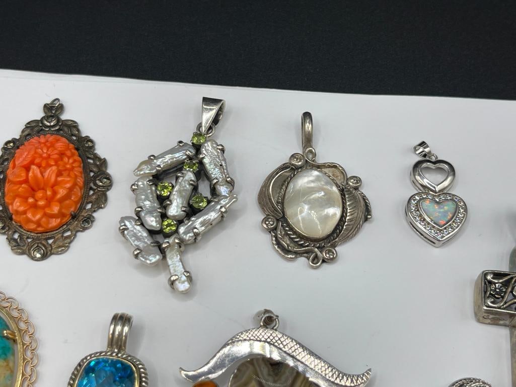 ASSORTED STERLING SILVER PENDANTS FEATURING MANY SIGNED AND WITH STONE ACCENTS - 4