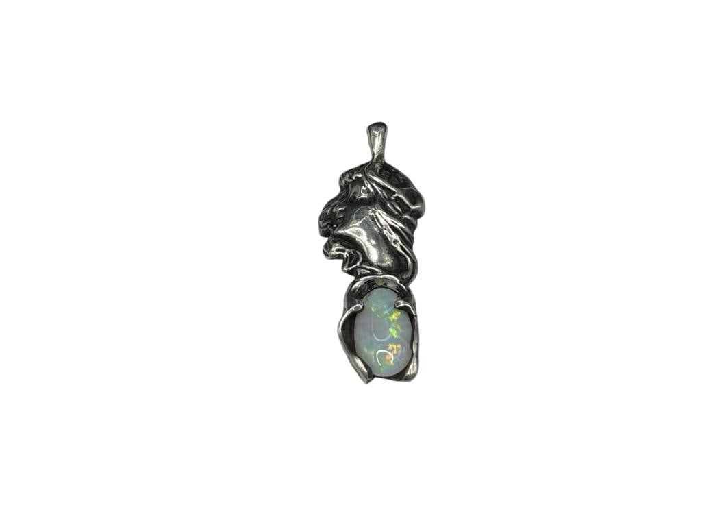 VINTAGE ART NOUVEAU STERLING SILVER WOMAN'S FACE AND OVAL CABOCHON OPAL PENDANT: 1 5/8", 14MM X 8MM OPAL, 8.48 GRAMS