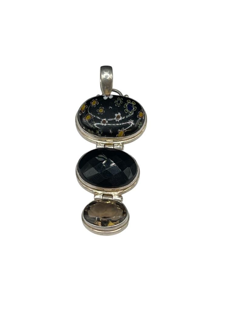 STERLING SILVER MILLEFIORI AND SMOKEY QUARTZ FACETED STONE PENDANT: FEATURING THREE TIER DESIGN WITH OVAL SHAPES 2 3/4" WITH BAIL, 19.92 GRAMS