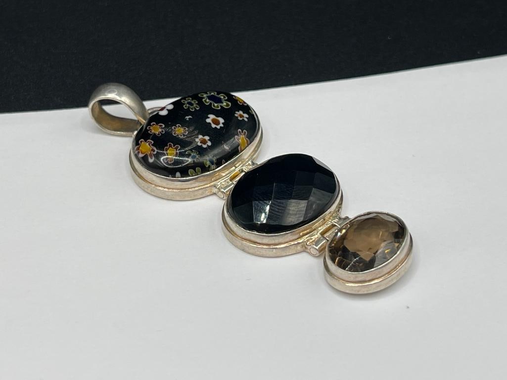 STERLING SILVER MILLEFIORI AND SMOKEY QUARTZ FACETED STONE PENDANT - 2
