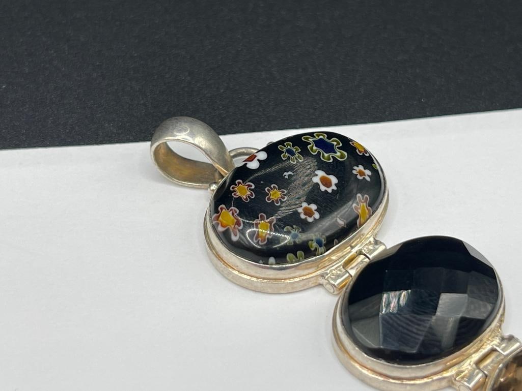 STERLING SILVER MILLEFIORI AND SMOKEY QUARTZ FACETED STONE PENDANT - 3