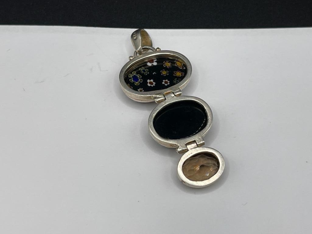 STERLING SILVER MILLEFIORI AND SMOKEY QUARTZ FACETED STONE PENDANT - 4