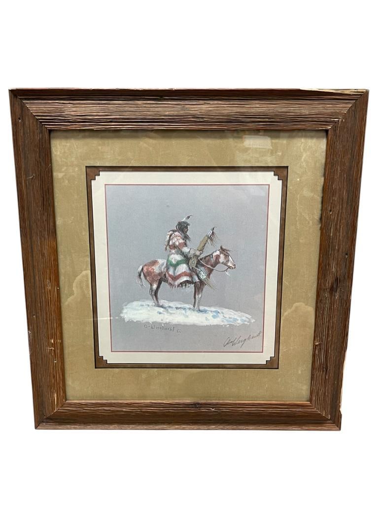 OLAF WIEGHORST DANISH-AMERICAN ARTIST SIGNED PRINT TITLED SLOW RIDER IN THE SNOW: OLAF WIEGHORST (1899-1988) SPECIALIZED IN ARTWORK OF THE AMERICAN FRONTIER FOLLOWING ARTIST SUCH AS FREDERIC REMINGTON AND CHARLES RUSSELL, ART DEPICTS NATIVE AMERICAN MAN ON HORSEBACK TRAVELING DURIN