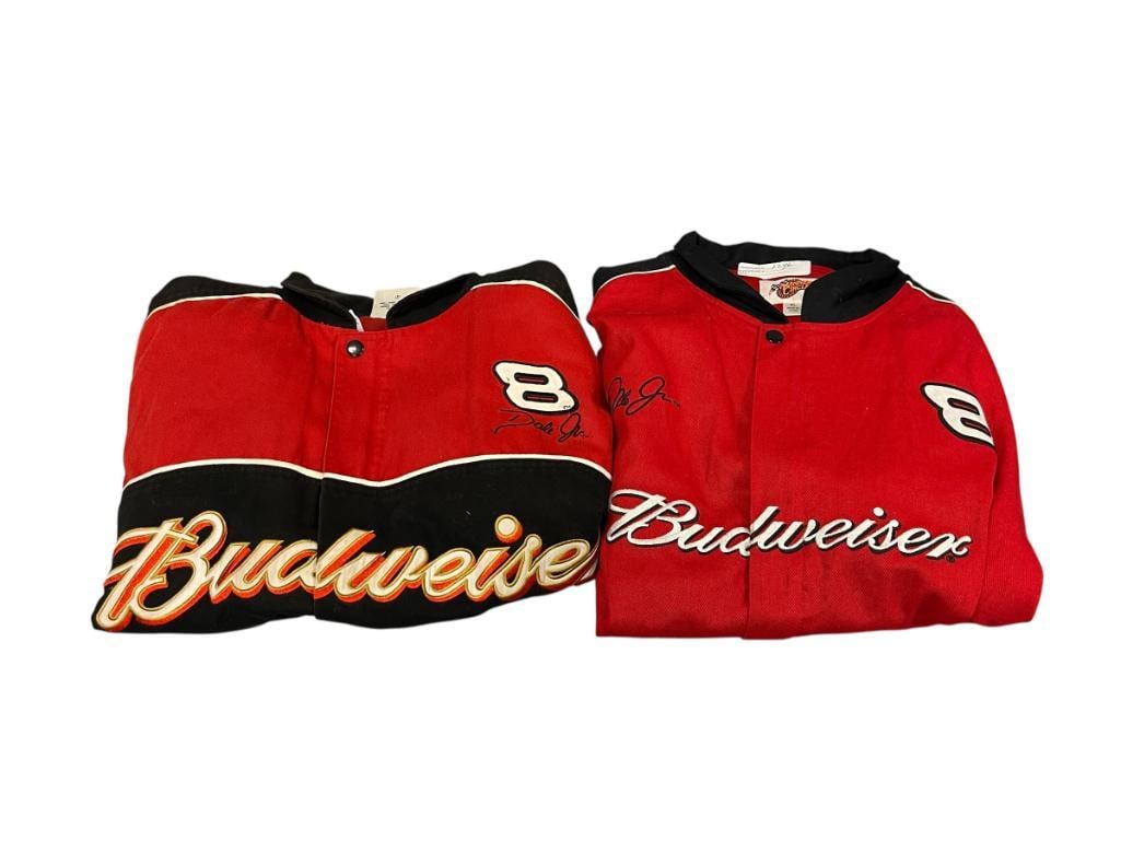 WINNERS CIRCLE BUDWEISER DALE EARNHARDT JR NASCAR STYLED SPONSOR JACKETS: RED, WHITE, AND BLACK IN COLOR, SIZE LARGE AND X-LARGE