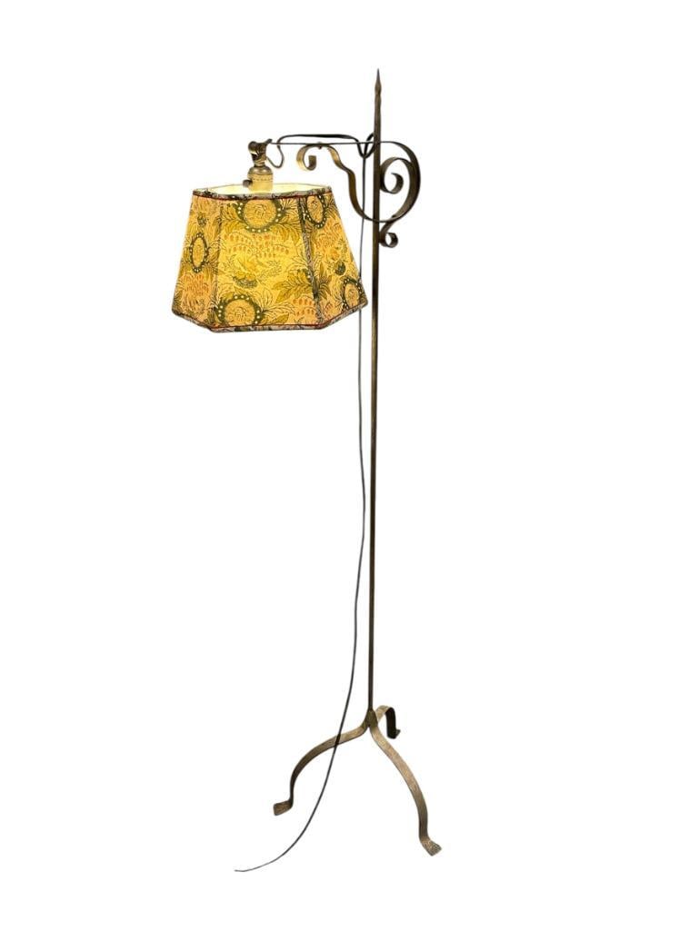 20TH CENTURY SCROLL ART BRIDGE LAMP: THREE-FOOTED STAND WITH SCROLL ART ARM, INCLUDES FABRIC SHADE, TESTED + 59" H
