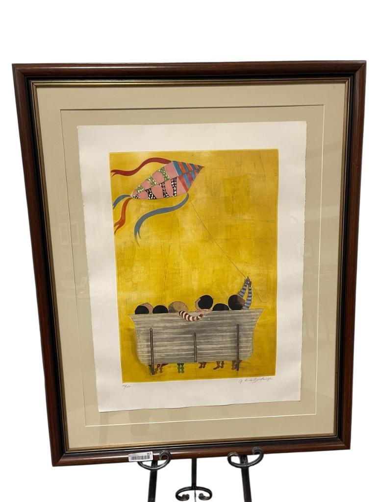 GRACIELDA RODO BOULANGER RENOWN BOLIVIAN ARTIST LIMITED EDITION PRINT TITLED KITE OR KITE FLYER: GRACIELDA RODO BOULANGER (1935 B.) KNOWN FOR HER JOYOUS SCENES ILLUSTRATING CHILDHOOD PLEASURES, ART DEPICTS CHILDREN SEATED ON A BENCH FLYING A KITE, SIGNED LOWER RIGHT, NO. 143/500, FRAMED 33" X 41"