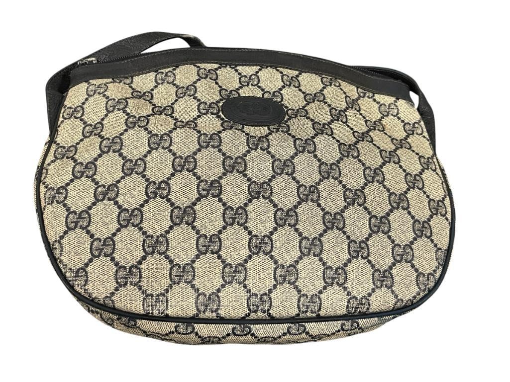 VINTAGE GUCCI GG MONOGRAM NAVY BLUE CANVAS COATED SHOULDER BAG SERIAL NO. 007/256/0018 (1 of 8)