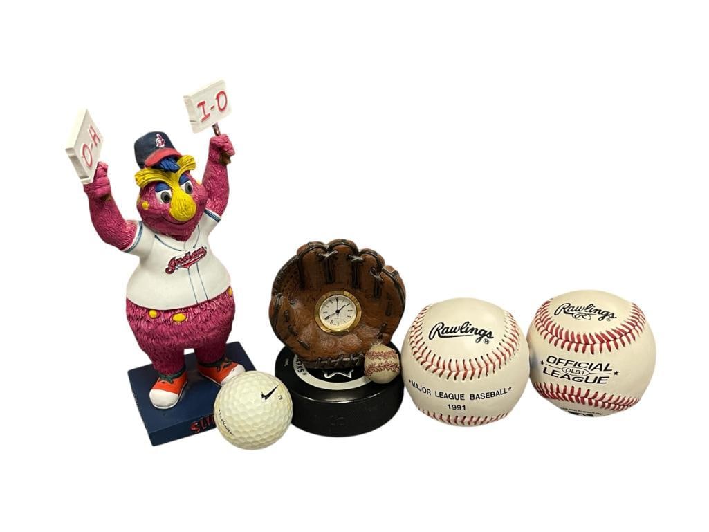 BASEBALL, HOCKEY, AND GOLF FIGURINE, CLOCK, PUCK, AND BALLS (1 of 1)