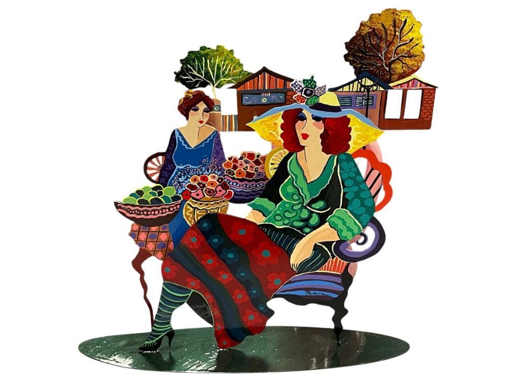 PATRICIA GOVEZENSKY ISRAEL ARTIST VIBRANT WHIMSICAL DIE-CUTMETAL SCULPTURE ART: PATRICIA GOVEZENSKY (1961 B.) SCULPTURE DEPICTS TWO WOMAN WITH BUILDINGS IN BACKGROUND WITH COLORFUL PALETTE, SIGNED LOWER RIGHT 15 3/4" H 