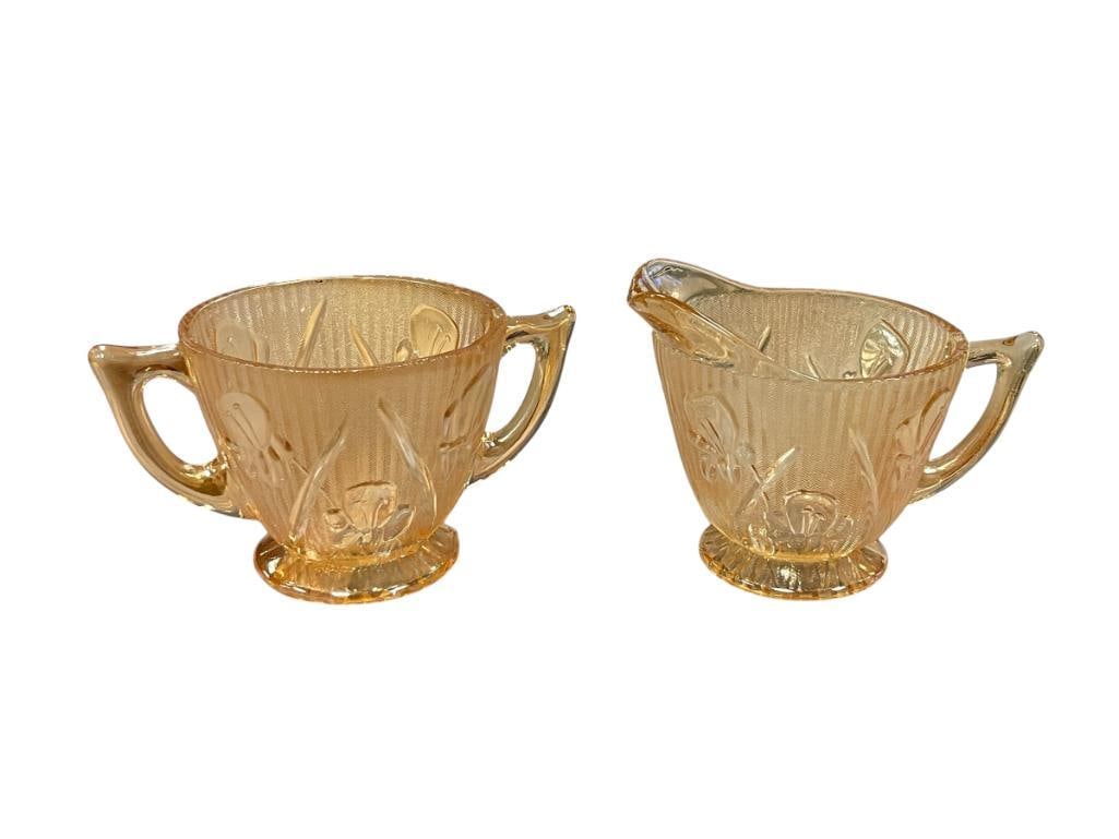 VINTAGE JEANETTE GLASS IRIS AND HERRINGBONE MARIGOLD CARNIVAL GLASS CREAMER AND SUGAR (1 of 11)