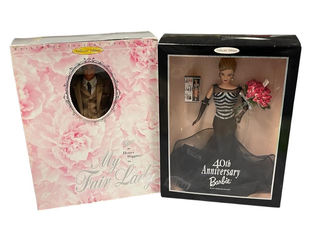 BARBIE COLLECTORS EDITION HOLLYWOOD LEGENDS KEN AS HENRY HIGGINS AND 40TH ANNIVERSARY BARBIE: KEN AS HENRY HIGGINS IN MY FAIR LADY NO. 15499 AND 1959 40TH ANNIVERSARY BARBIE NO. 21384 WITH AUTHENTIC MINIATURE OF HERSELF AND THE PACKAGE, BOTH APPEAR TO HAVE NOT EVER BEEN TAKEN OUT OF THE PACKAG
